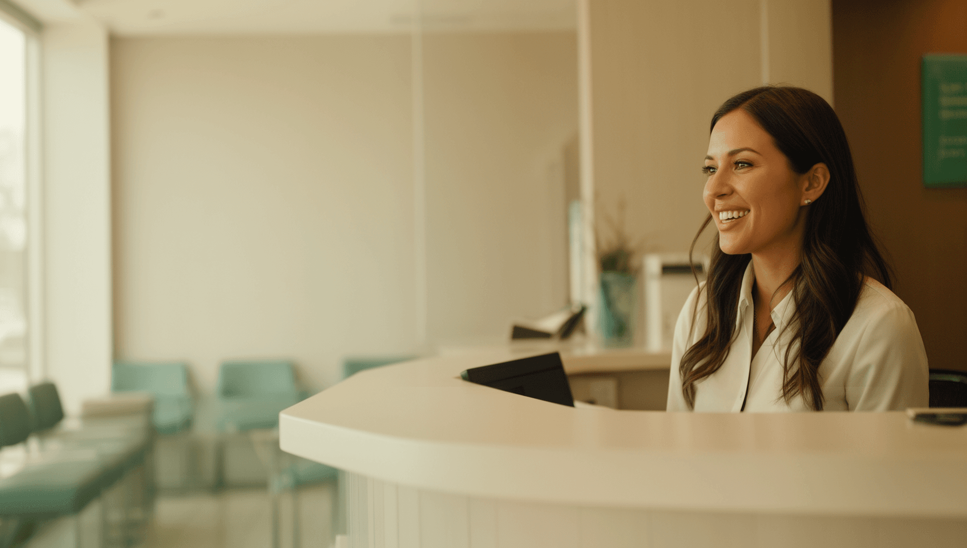 AI receptionist answering a patient call at a dental practice front desk