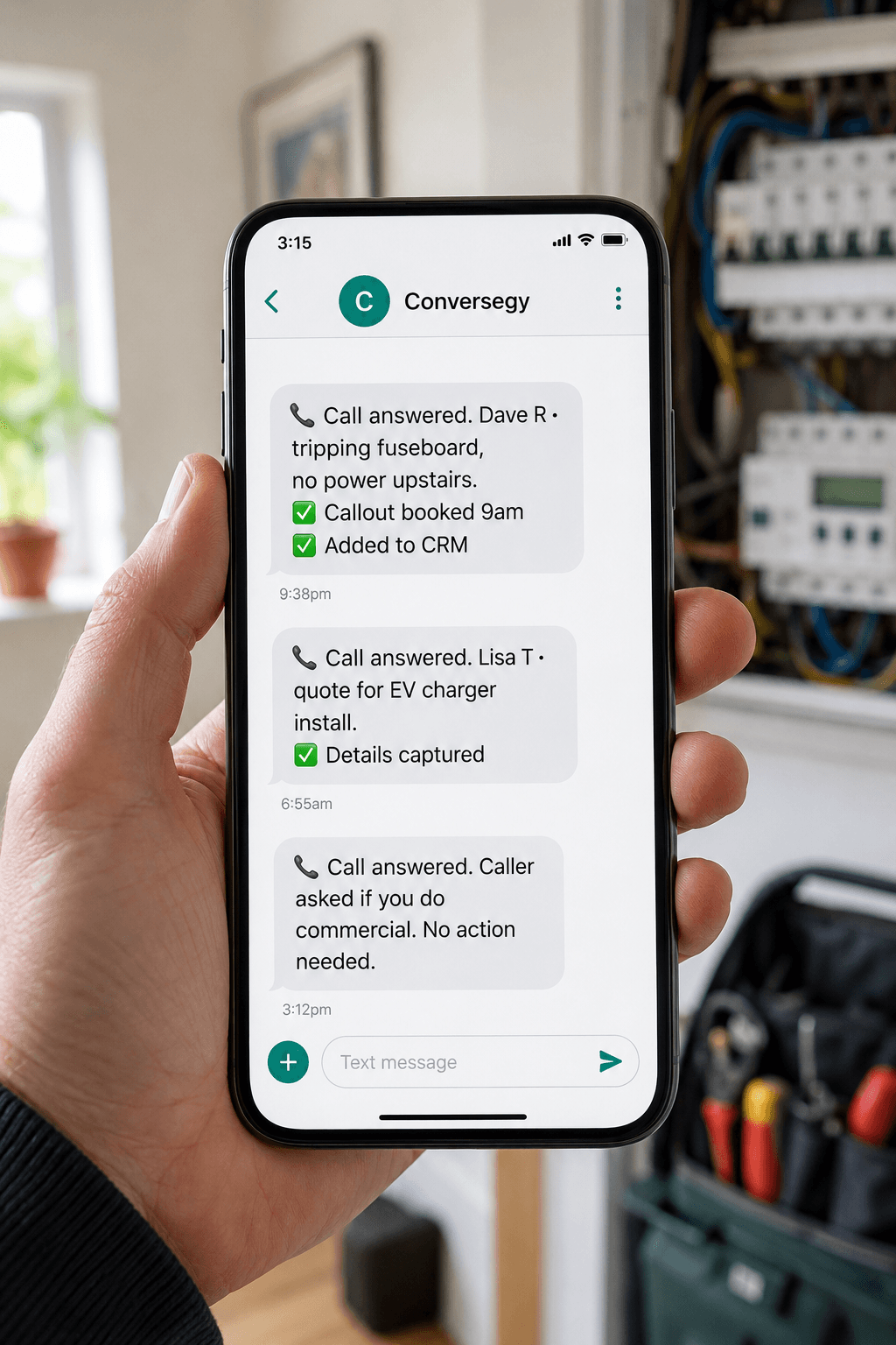 Text messages from Conversegy summarising answered calls — a tripping-fuseboard callout booked and added to the CRM, an EV charger quote captured, and a commercial-work query handled.