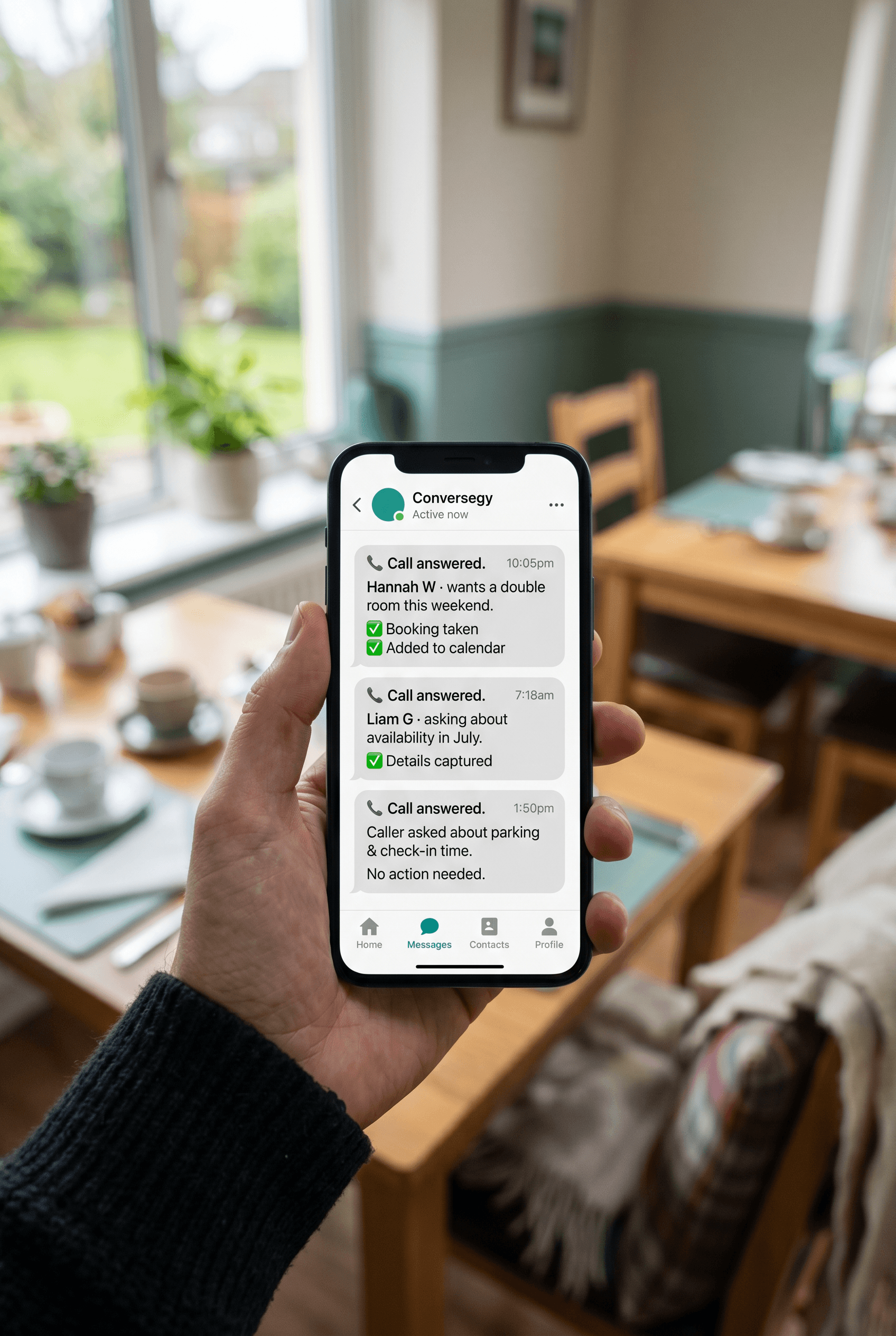 Text messages from Conversegy summarising answered calls — a weekend double-room booking taken and added to the calendar, a July availability enquiry captured, and a parking and check-in query handled.