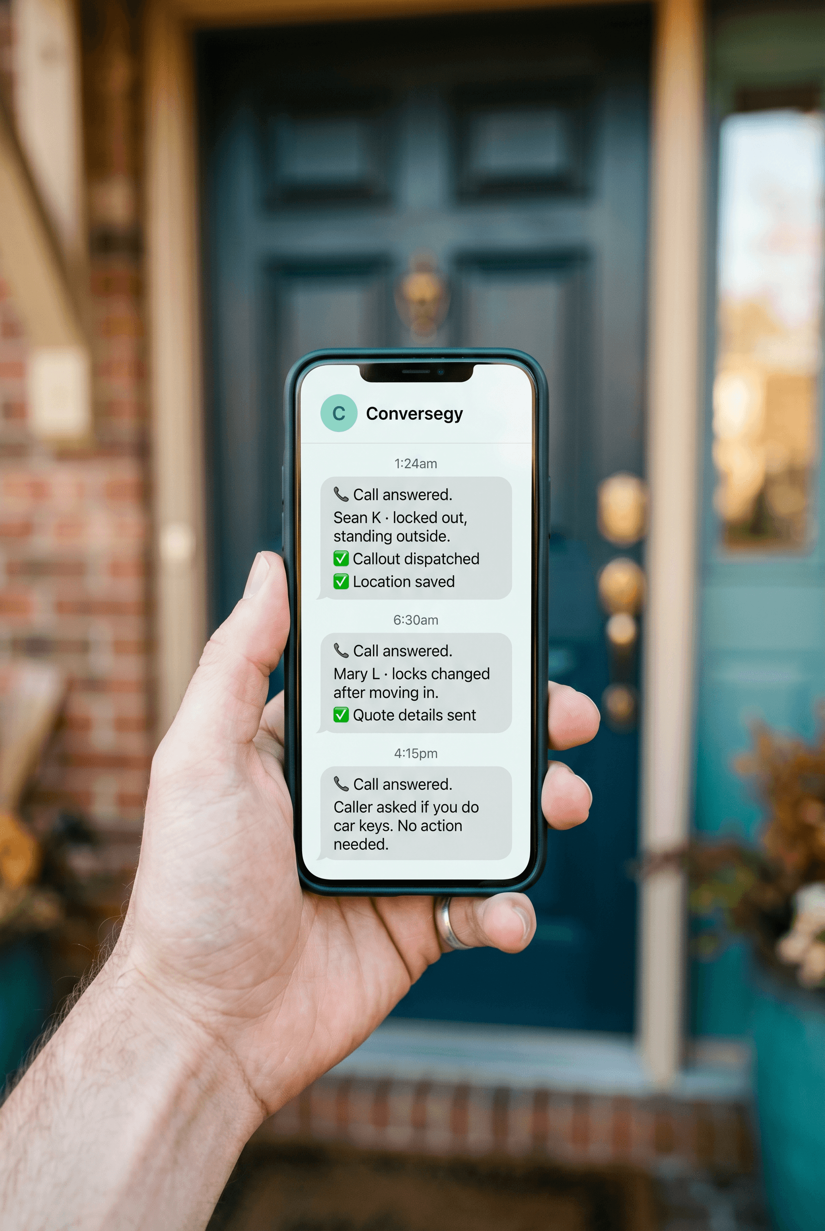 Text messages from Conversegy summarising answered calls — a locked-out customer dispatched a callout with location saved, a lock-change quote sent, and a car-keys query handled.