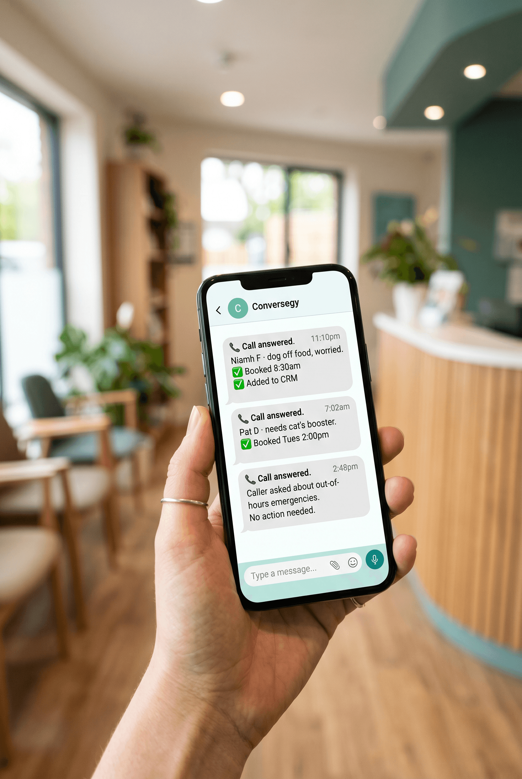 Text messages from Conversegy summarising answered calls — a worried owner whose dog is off food booked in first thing and added to the CRM, a cat booster appointment booked, and an out-of-hours query handled.