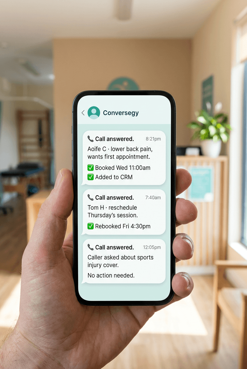 Text messages from Conversegy summarising answered calls — a lower-back-pain patient booked in and added to the CRM, a session rescheduled, and a sports-injury query handled.